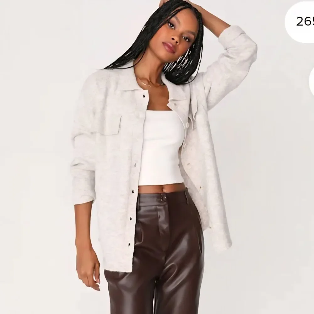 Lulus Everyday Cozy Heather Beige Knit Shacket Oversized Button-Up Sweater Small - Picture 4 of 12